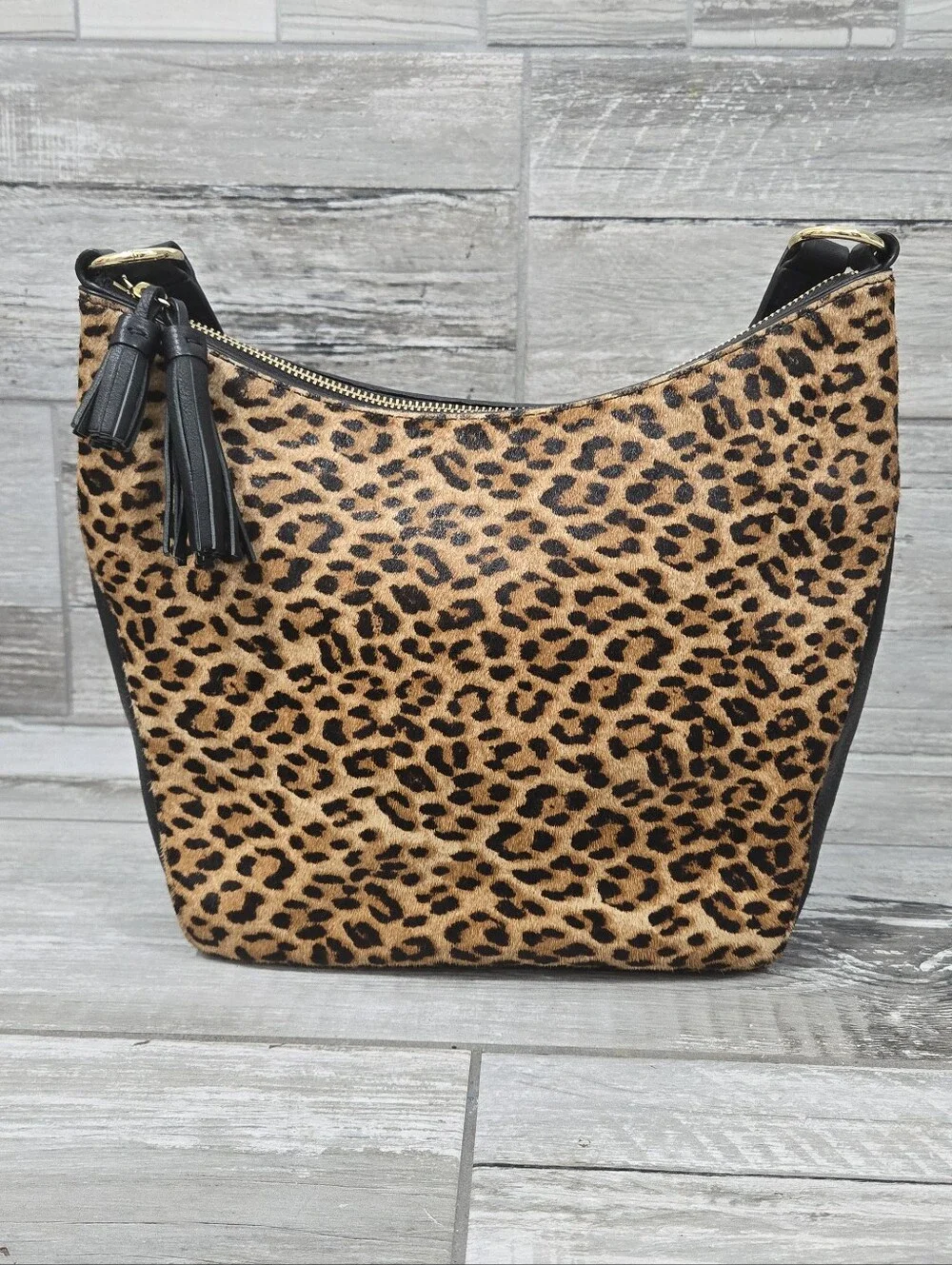 TALBOTS Animal/Leopard Print Calf Hair Pebbled Leather Hobo Style Handbag
